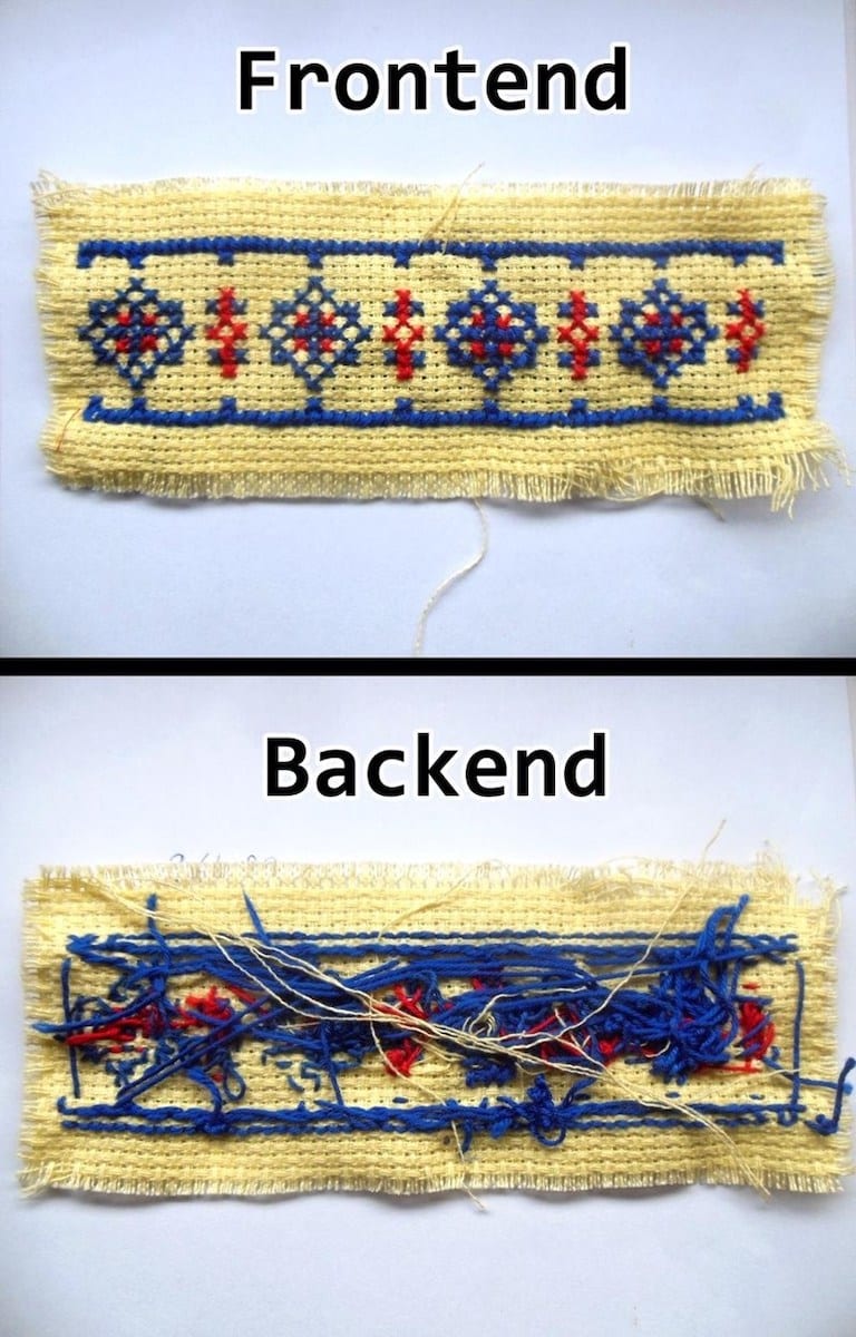 image of cross stitch with “front end” and “back end"