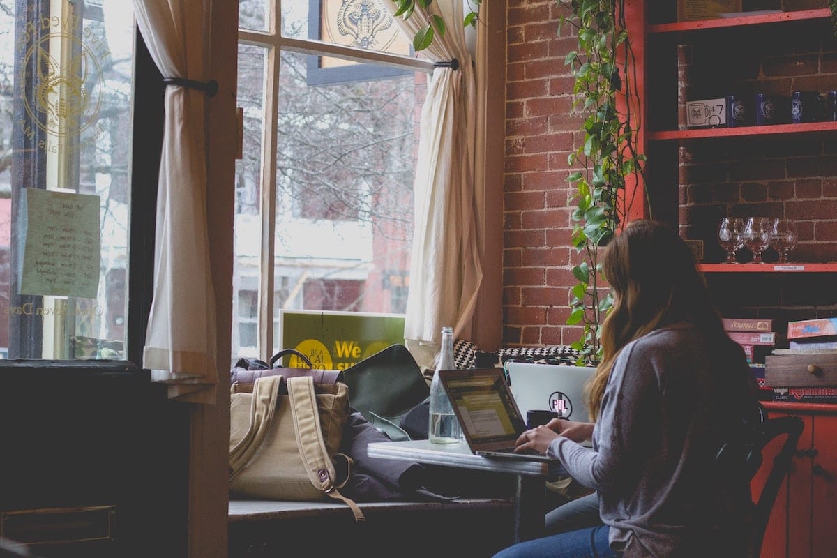 woman working from a coffee shop