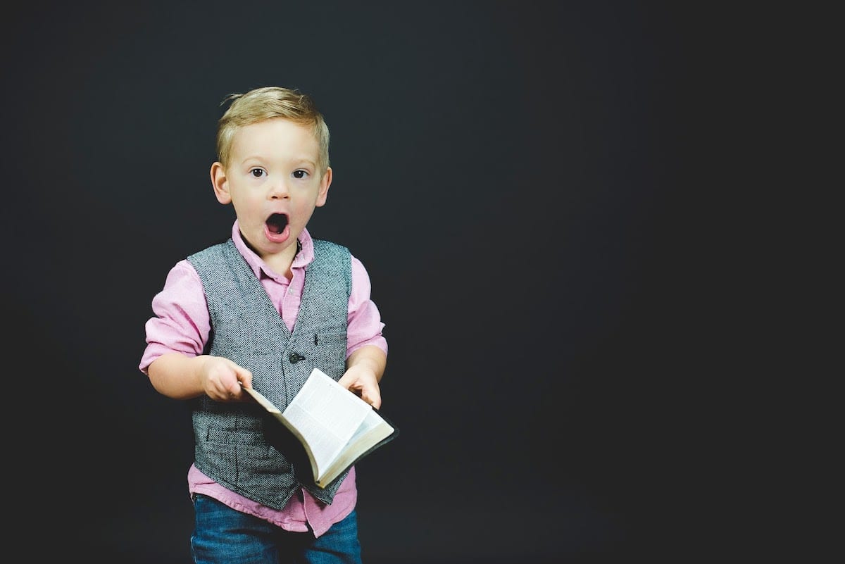 Boy wearing gray vest and pink dress shirt holding book