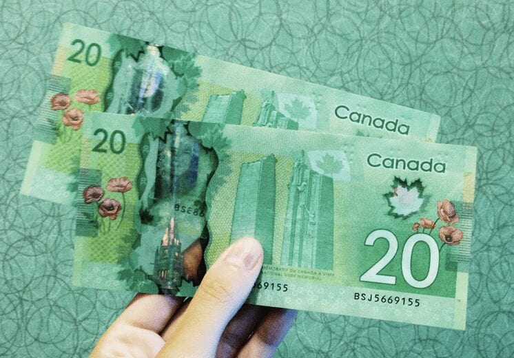 Someone holding two Canadian $20 bills over a green laminate background. 