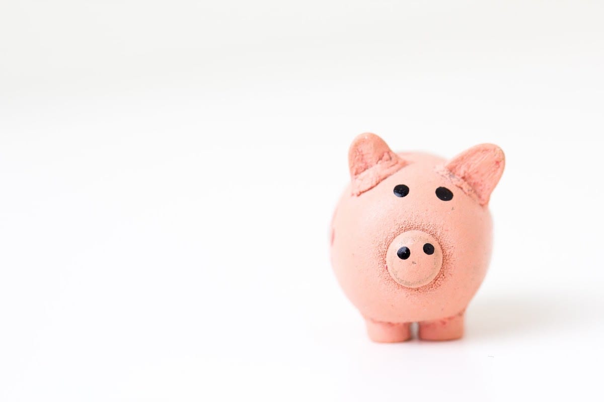 A pink piggy bank in front of a white background.