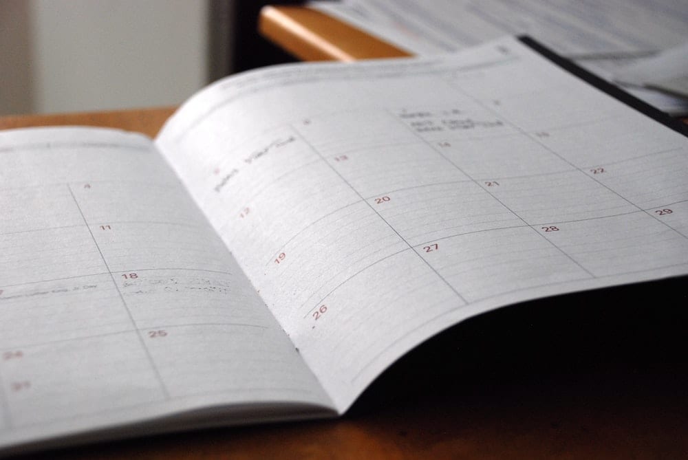 An open agenda with a one-month calendar.