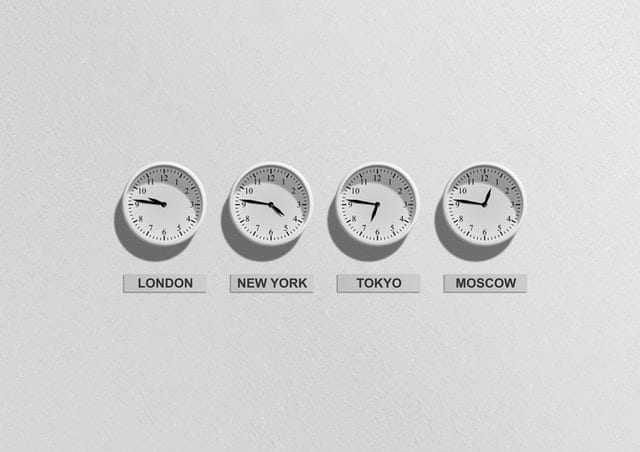 A picture of clocks with different time zones
