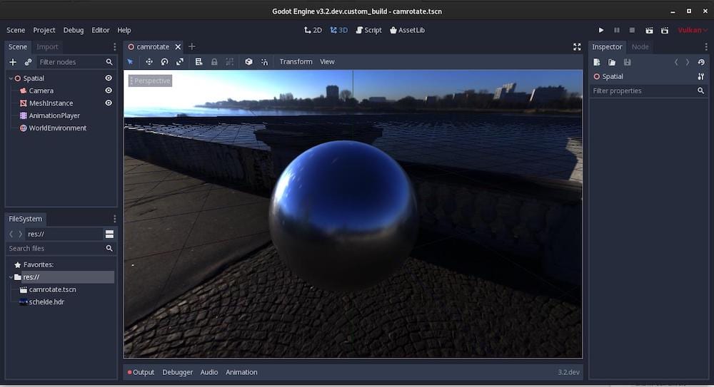 The desktop view of the Godot Engine game development program being used to create a game. 
