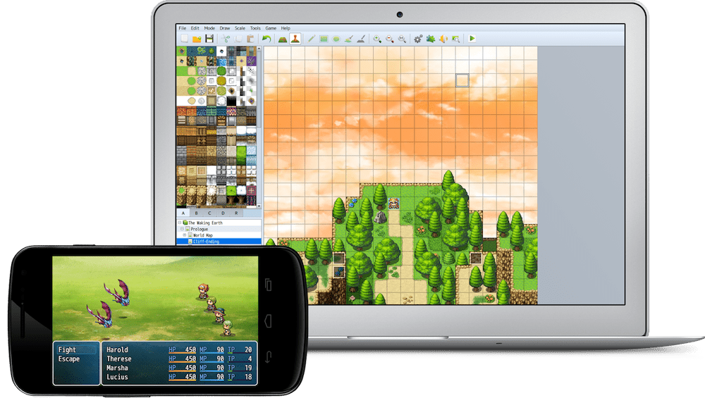 Graphics of a mobile phone and a laptop displaying 2D RPG games.
