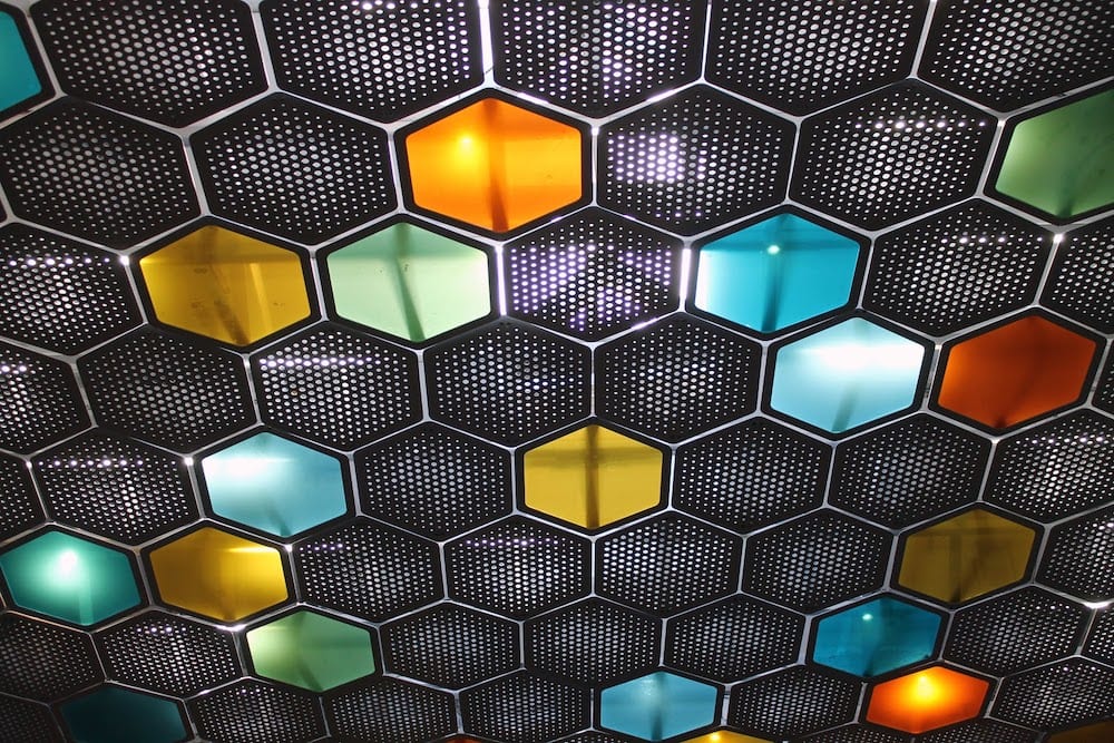 A series of colorful hexagons.