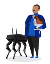 Illustration of an ally-type man with a robot, wondering where he can find a free career quiz.