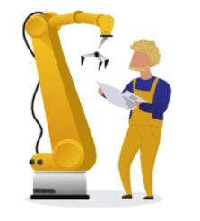 Illustration of a builder-type man wearing overalls and building a robotic arm as part of one of the best tech jobs.