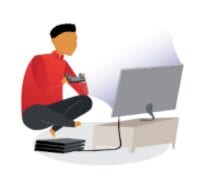 Illustration of an enthusiast-type man playing video games, hoping to get one of the best tech jobs out there.
