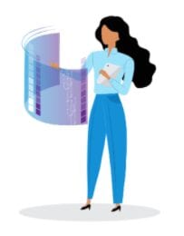 Illustration of an explorer-type woman with blueprints she made after finishing the tech career quiz.