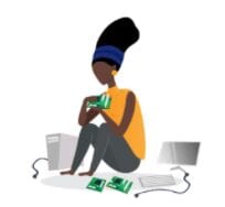 Illustration of a groundbreaker-type woman, working with computer parts so she can take this tech career quiz.