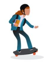 Illustration of a technician-type woman, riding a skateboard on her way home to take a free career quiz.