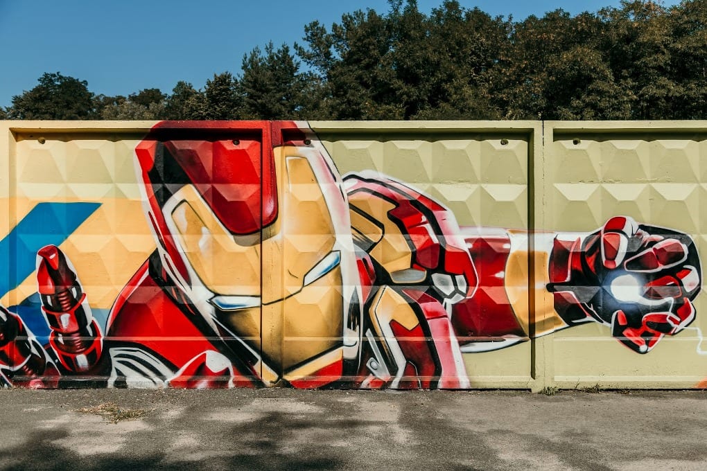 A street art painting of Marvel’s Iron Man.