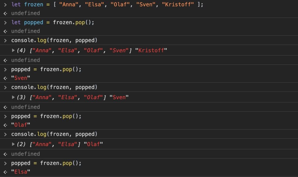 Chrome Developer Console demonstrates how the pop method works