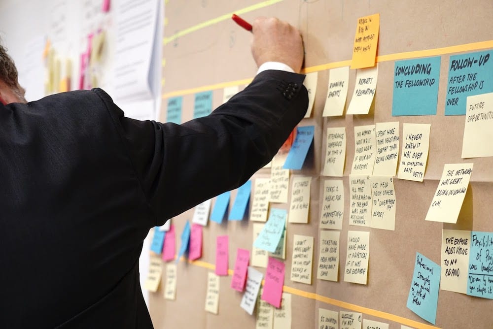Man in a suit jacket writes something on a board covered in several rows of multi-colored post-it notes.