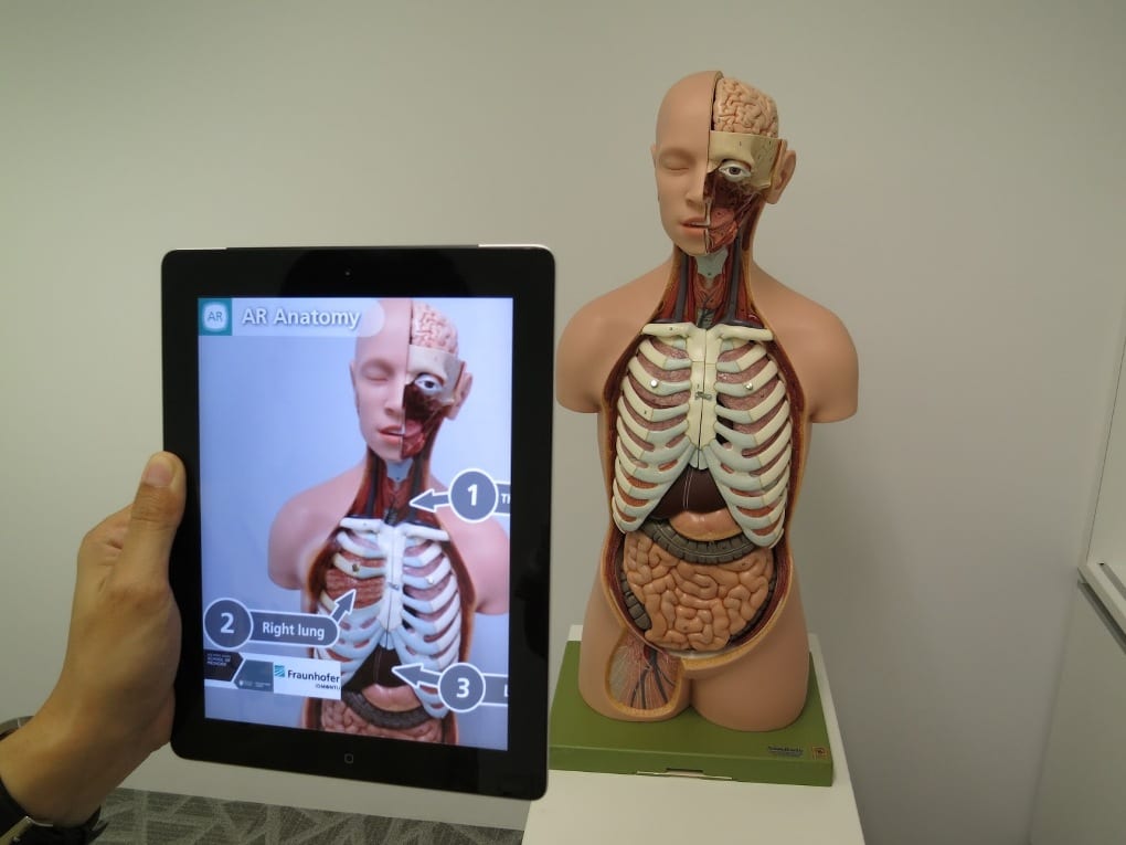 A smart tablet’s camera points at an anatomical model of a human head and torso, as the tablet screen displays an image of the model with AR labels added.