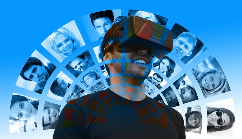 In front of a blue sky, a man wearing a black shirt is looking through a VR headset, with a translucent array of headshots in a rainbow pattern superimposed across his head and shoulders. 