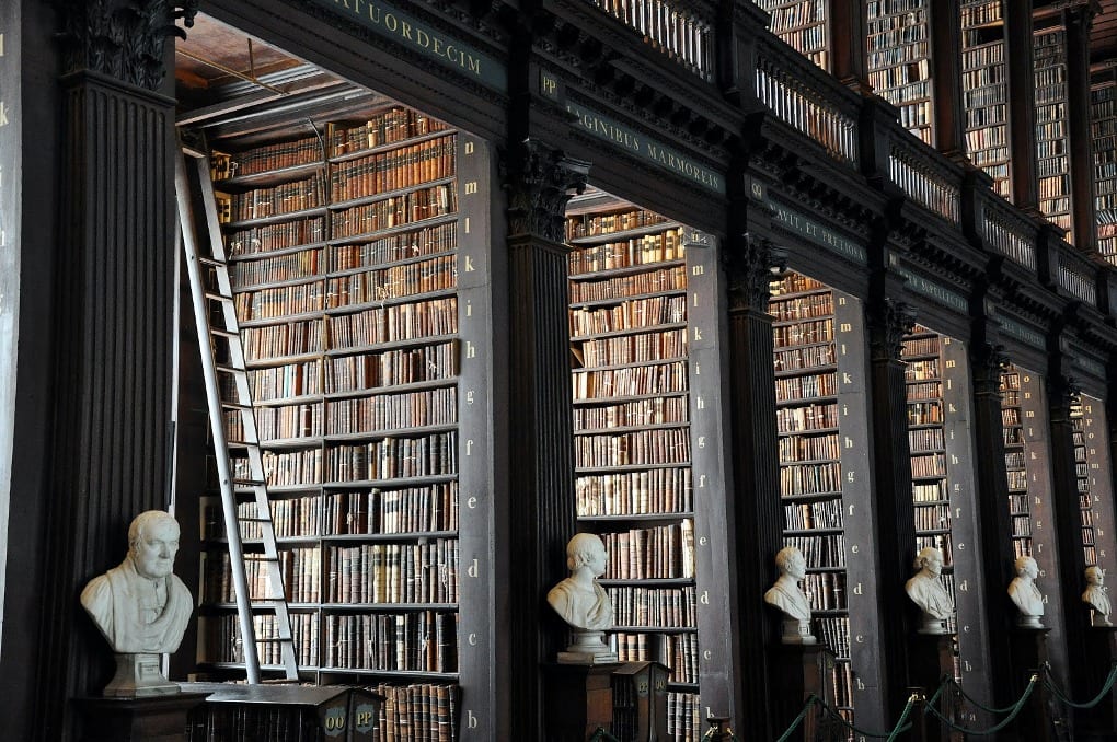 the same rows of statues and bookshelves from a different angle