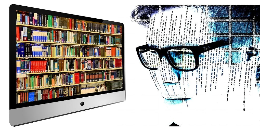 Against a white background, a split image of a computer monitor displaying bookshelves full of books and a digital representation of a bespectacled man’s head with vertical lines of binary code following the contours of his face.