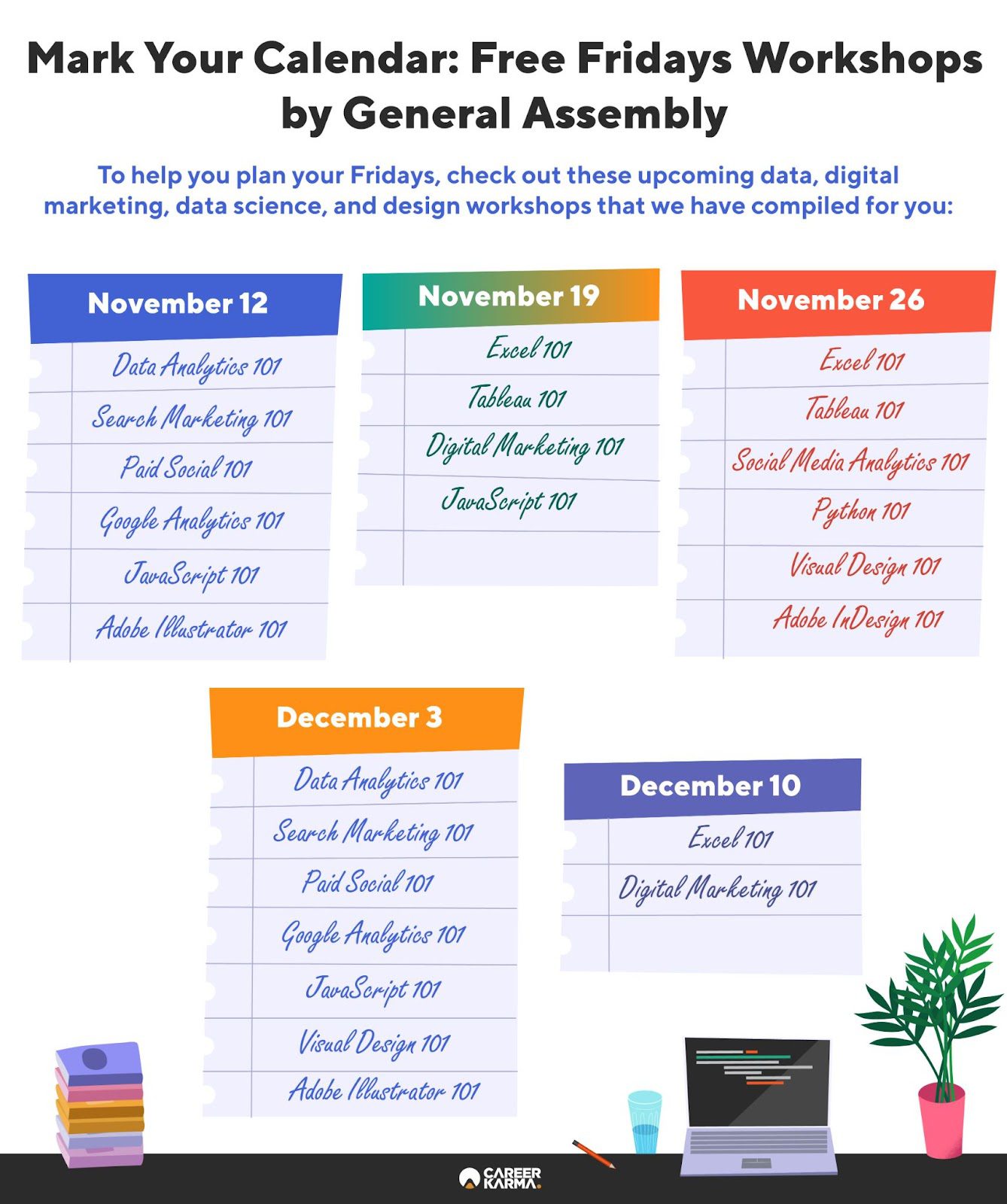 Infographics showing upcoming Free Fridays workshops by General Assembly