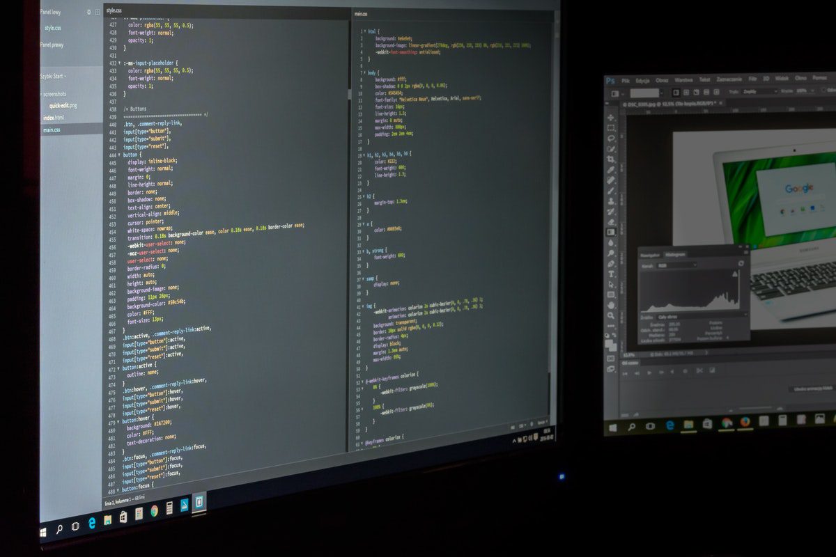 Two computer screens displaying code and image editing process. Online Photoshop Courses