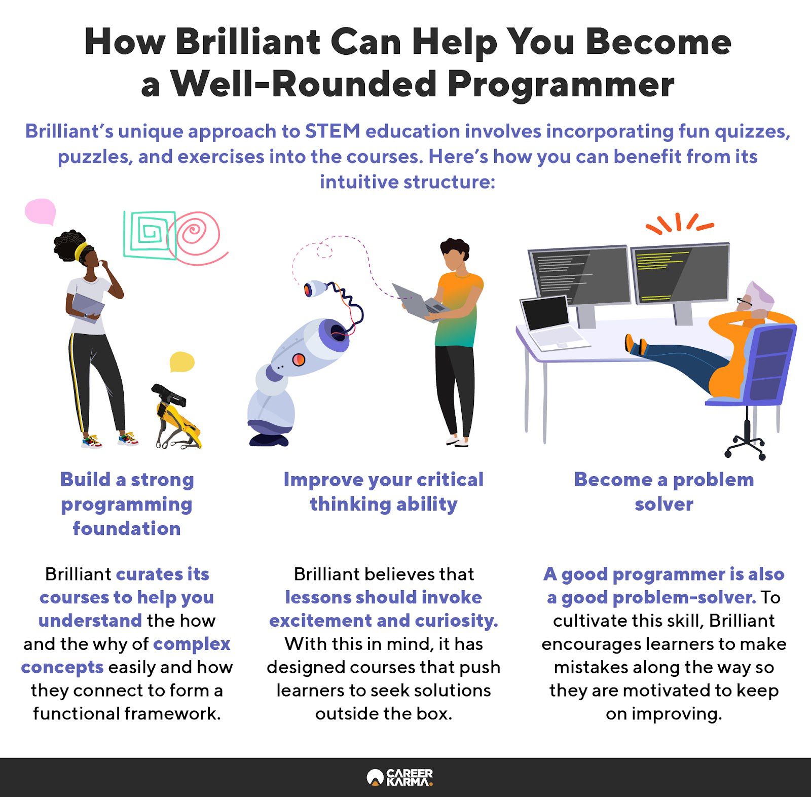 An infographic highlighting the benefits of learning with Brilliant. 
