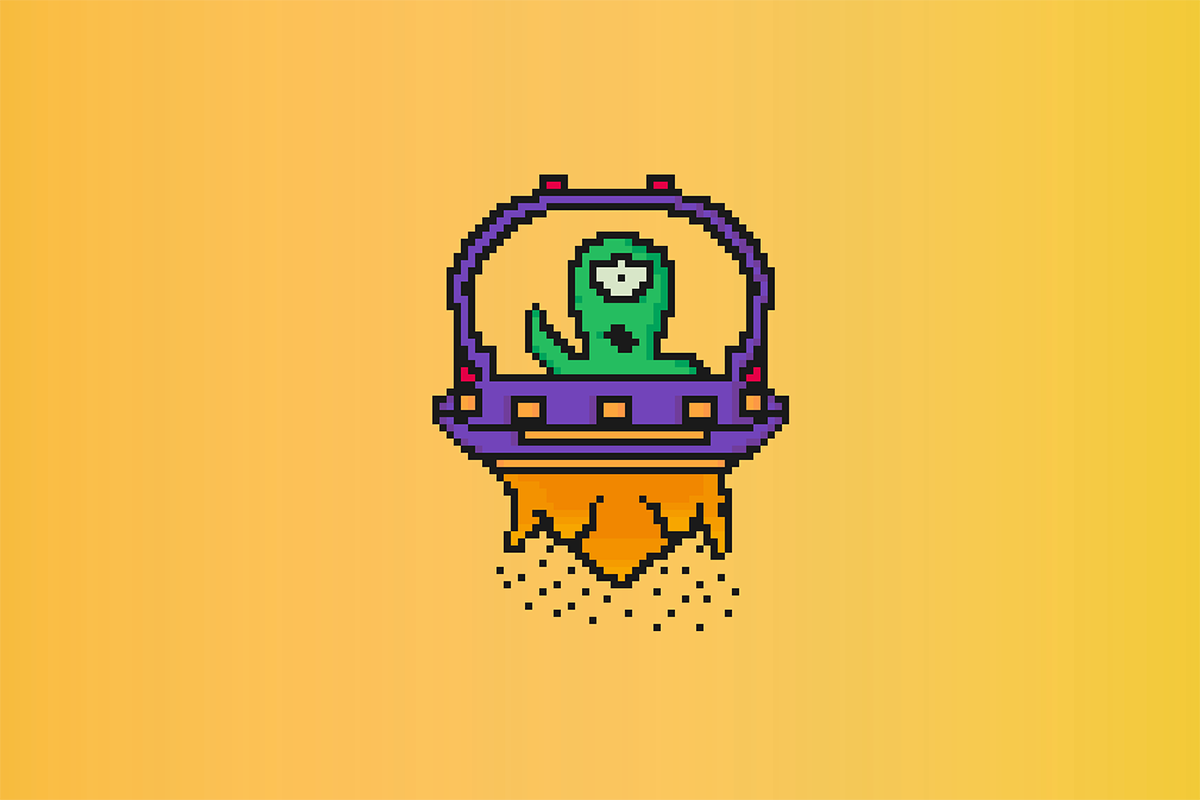 Pixel art of a spaceship carrying an alien with an orange background. Pixel Art Projects