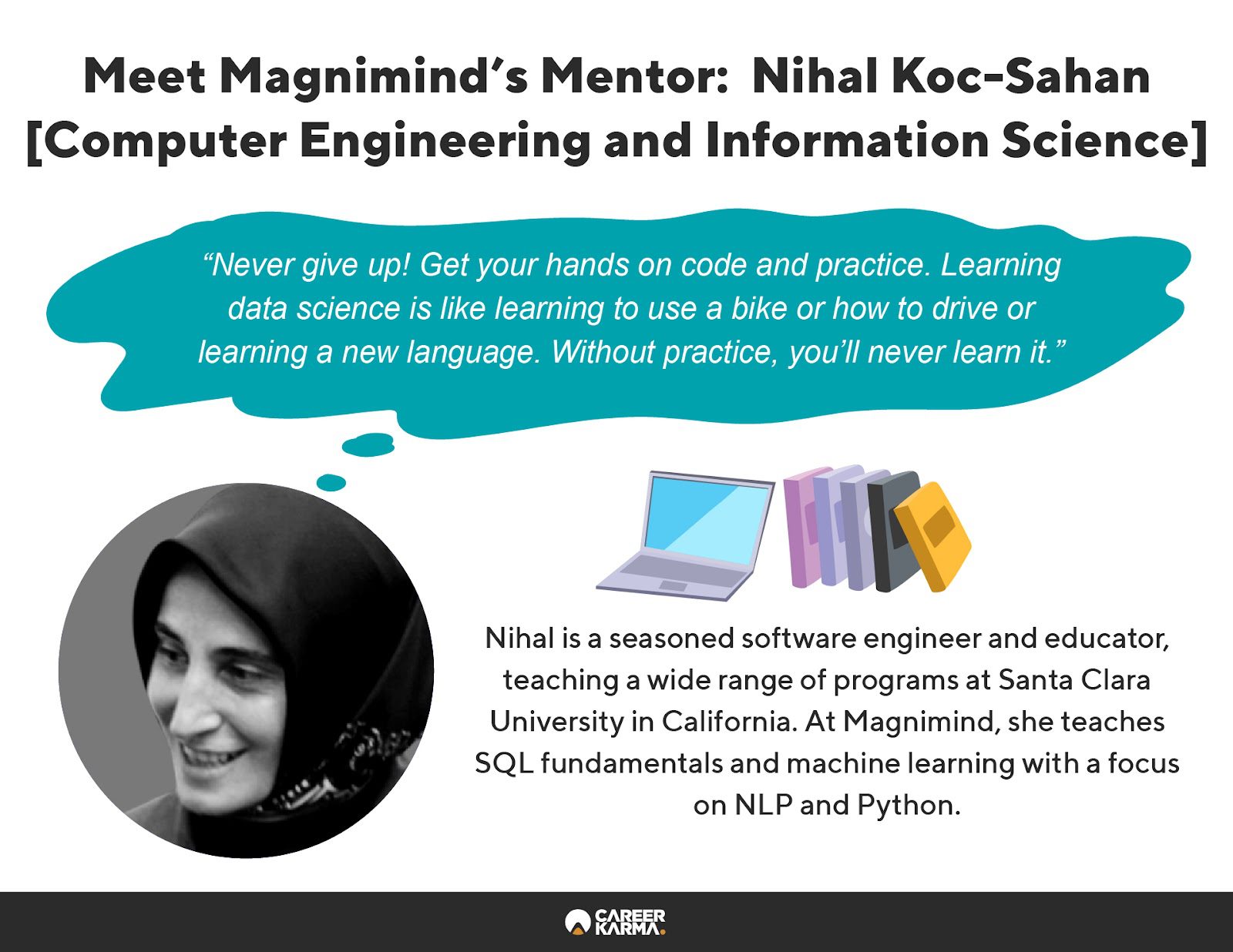 Infographic highlighting the profile of Magnimind’s mentor Nihal Koc-Sahan