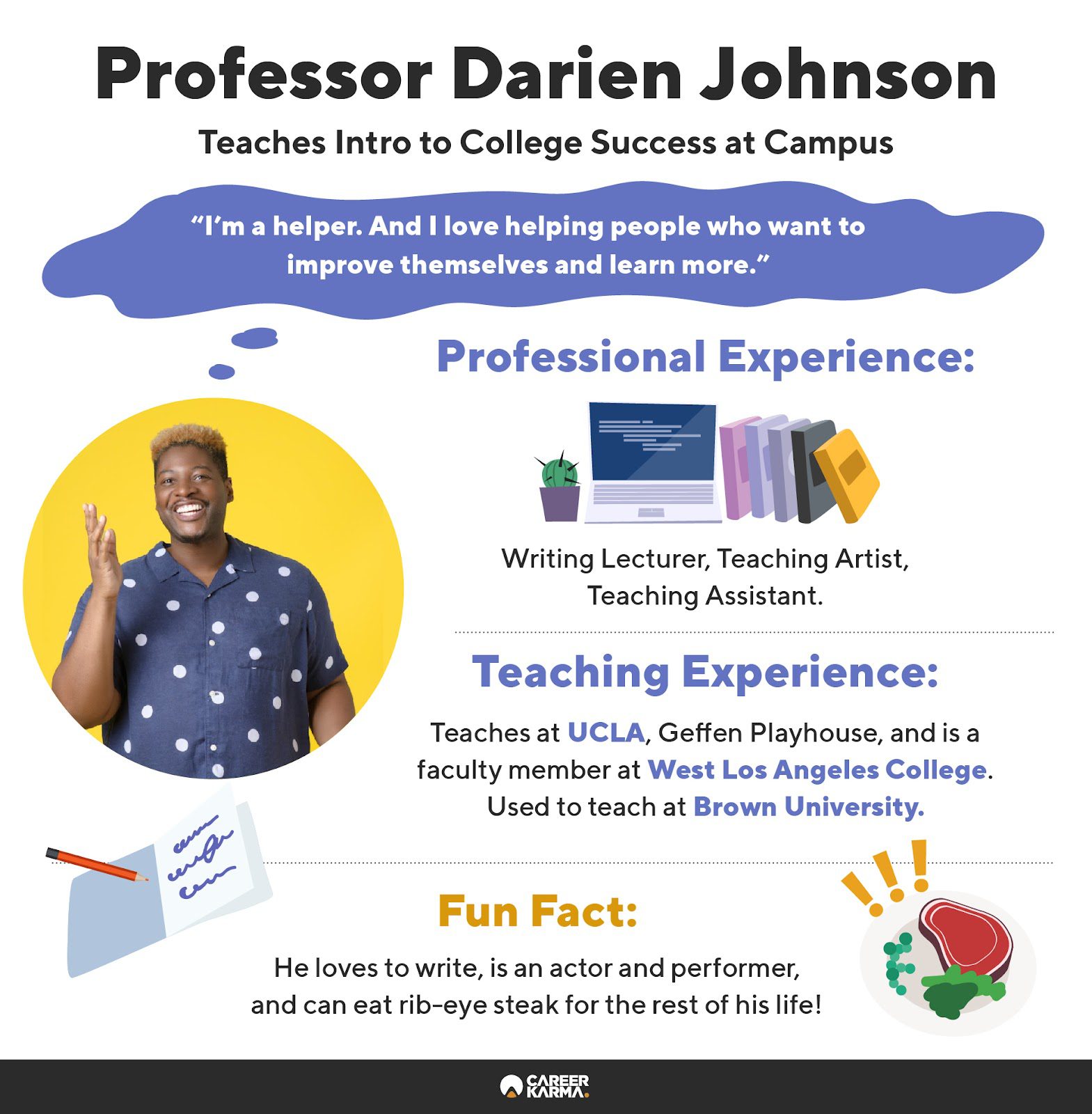 An infographic featuring a profile of Professor Darien Johnson