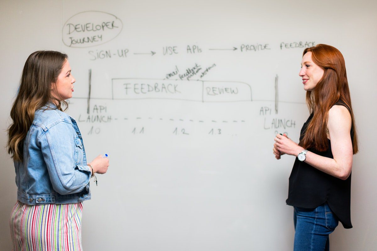 Two women at the managerial level standing in front of a whiteboard discussing a formal approach to software development. Quality Assurance Processes