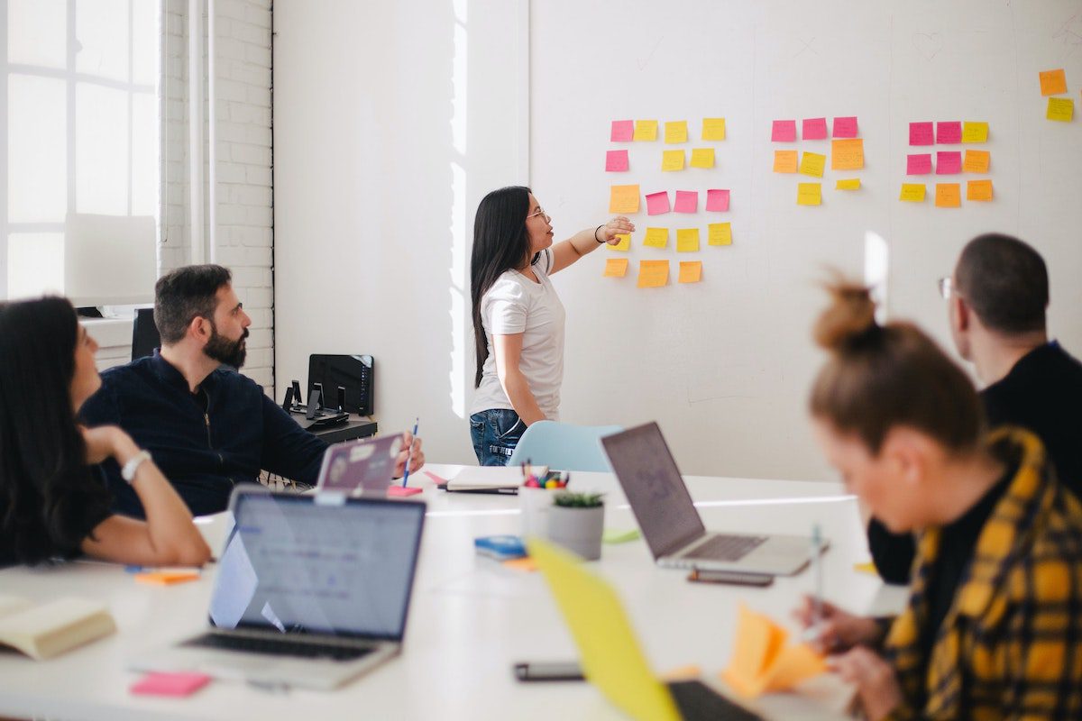 A group of business leaders having a meeting sitting at a table. A woman stands in front of a wall that is covered with sticky notes. Trends In Business