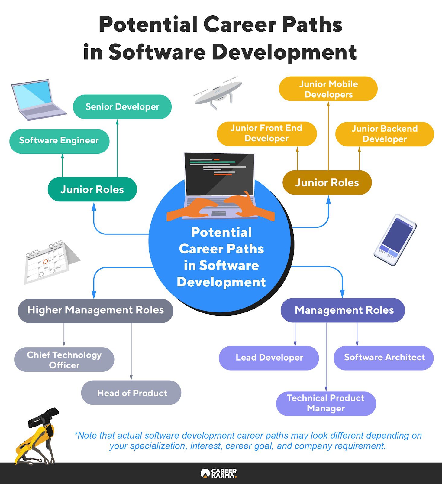 An infographic featuring a map of possible career paths in software development