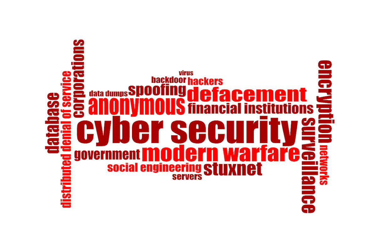 A red and brown word bubble displaying standard cyber security terms