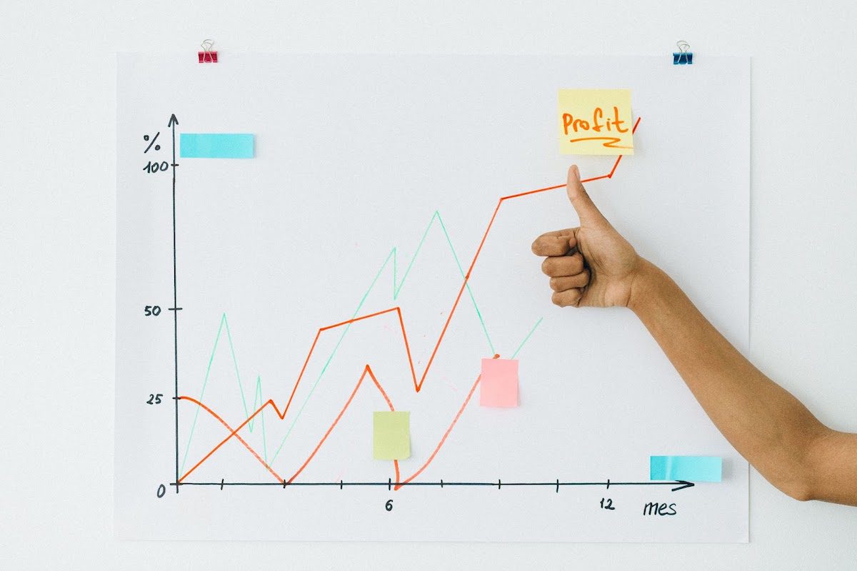 Person holding a thumb up in front of profitable sales chart