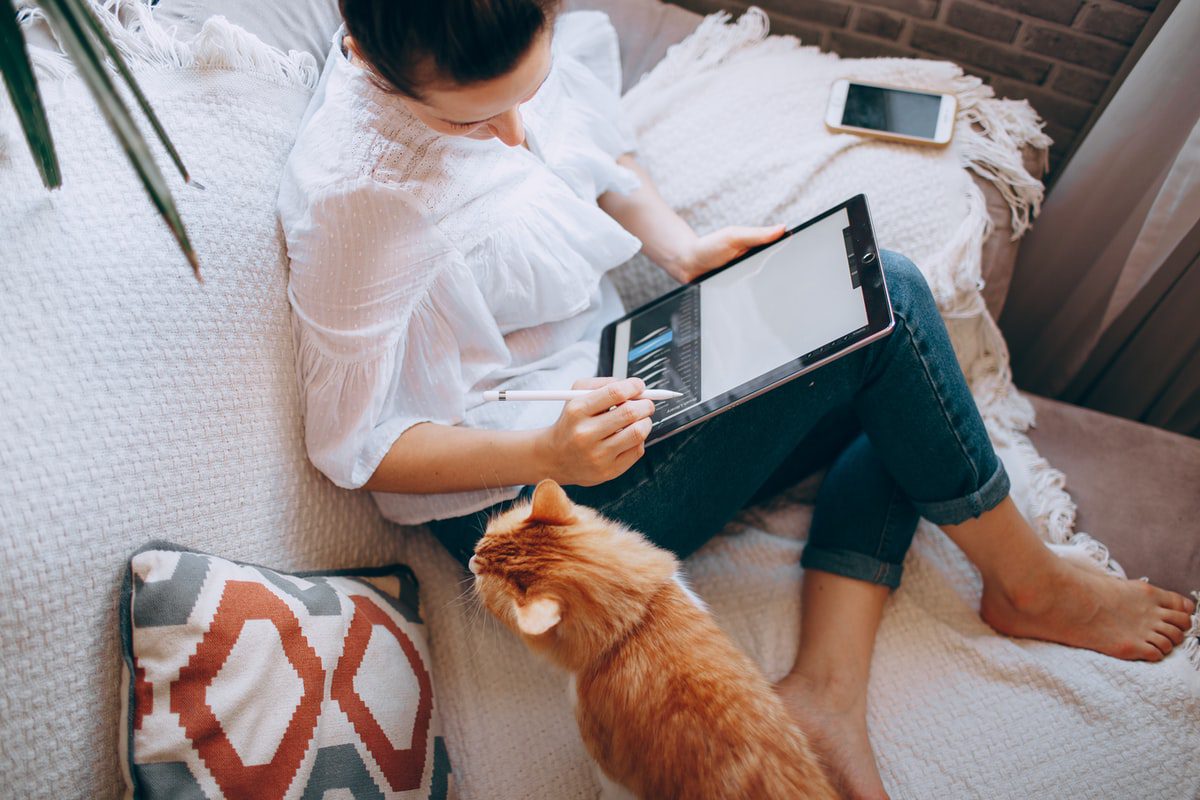 A woman using a tablet on a couch next to a cat. 