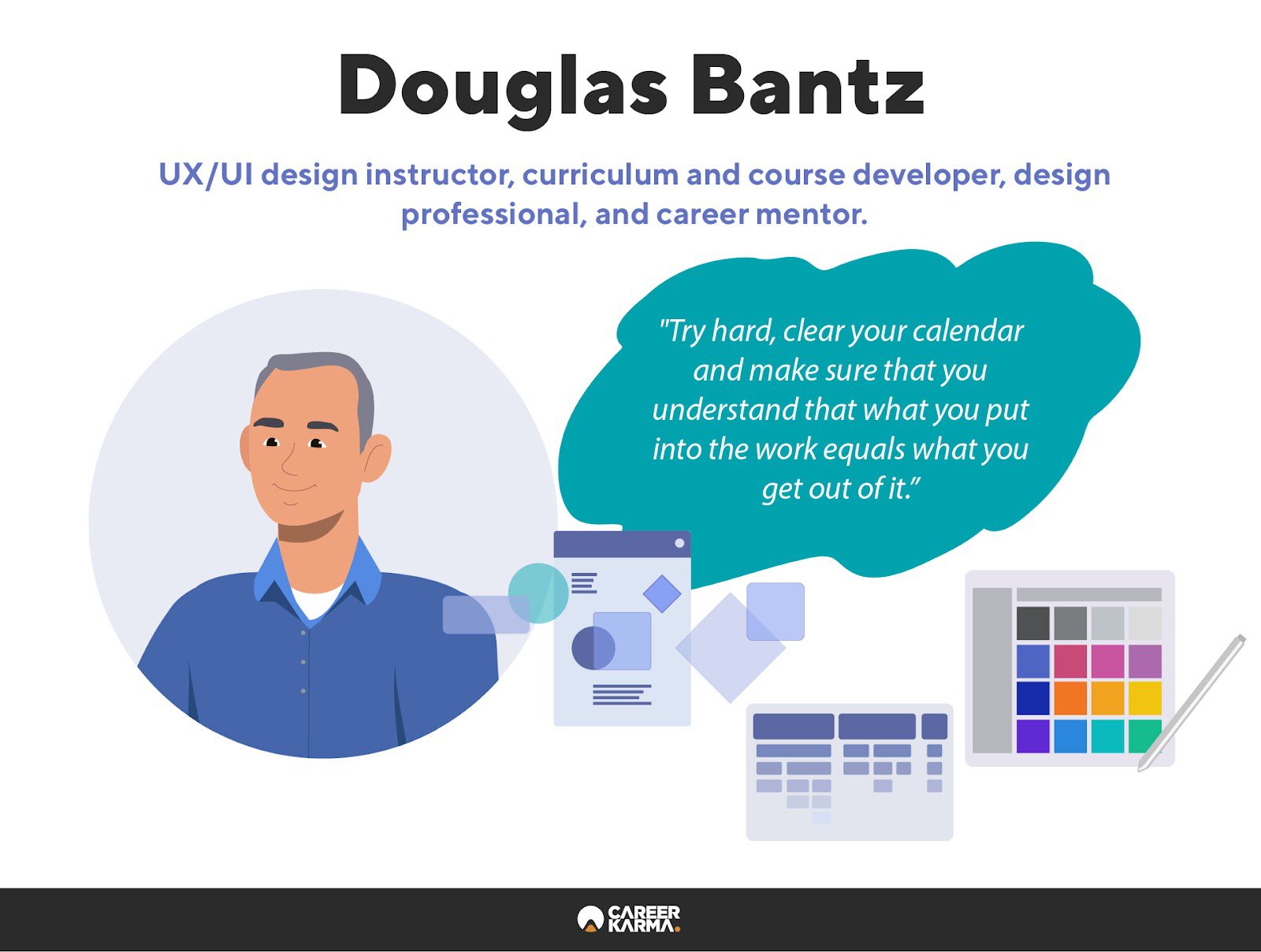 An infographic highlighting Coding Dojo UI/UX Design instructor Douglas Bantz’s advice to prospective students
