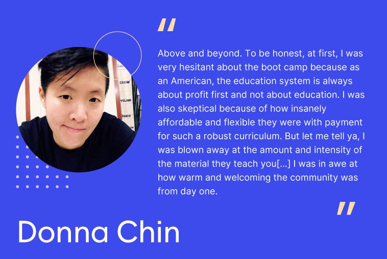 An infographic featuring alum Donna Chin’s review of CodeOp