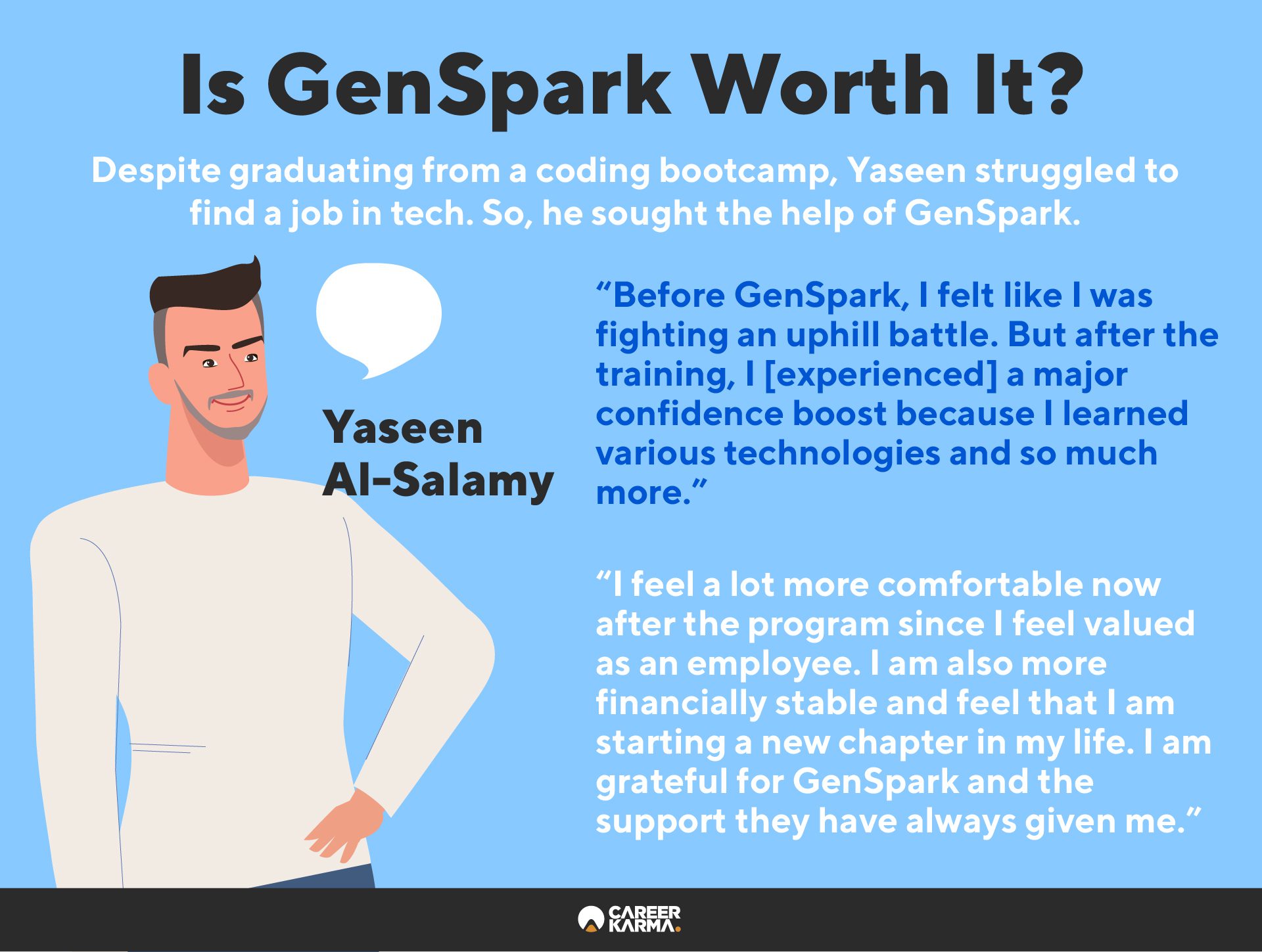 An infographic featuring GenSpark participant Yaseen Al-Salamy’s review of the program