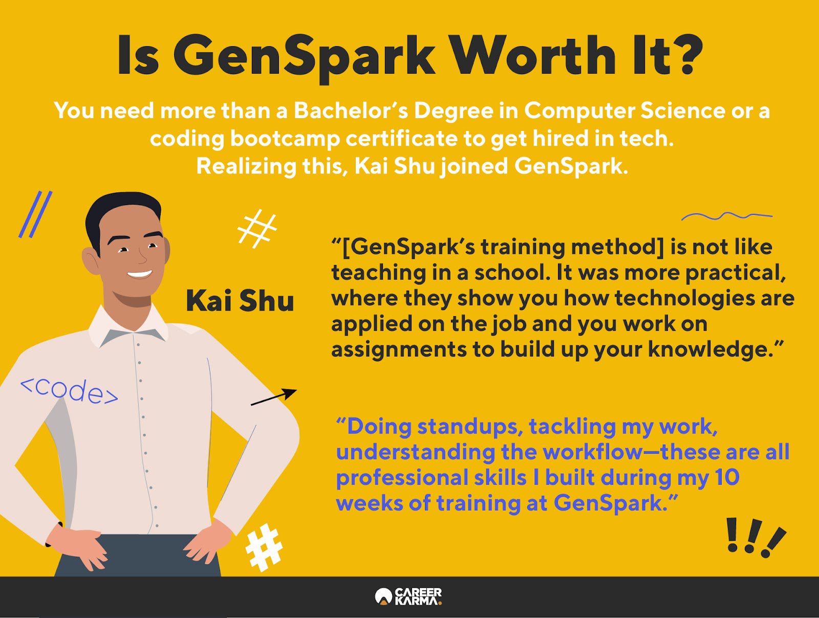 An infographic featuring GenSpark participant Kai Shu’s review of the program
