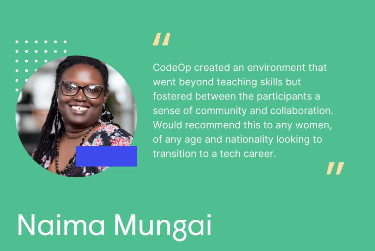 An infographic featuring alum Naima Mungai’s review of CodeOp