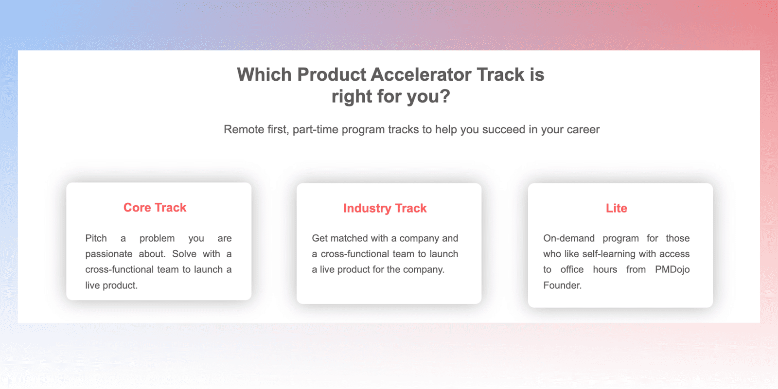 An infographic showing PMDojo’s programs