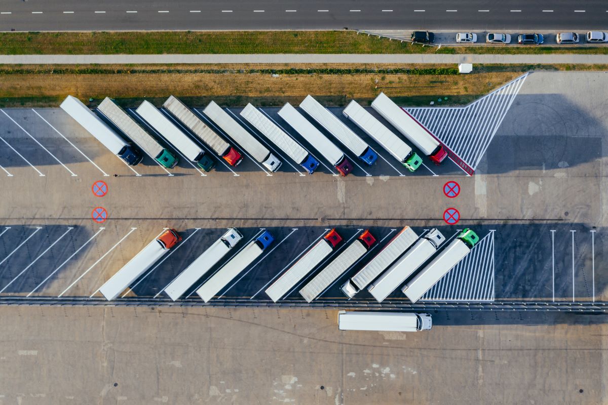 Bird’s eye view shot of parked trucks.