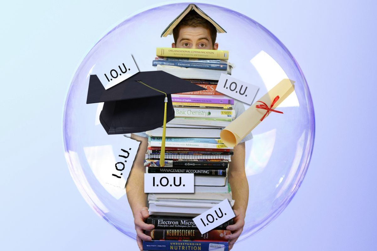 A student pictured in a bubble carrying books, a diploma, and a graduation cap with signs that say “I.O.U.”