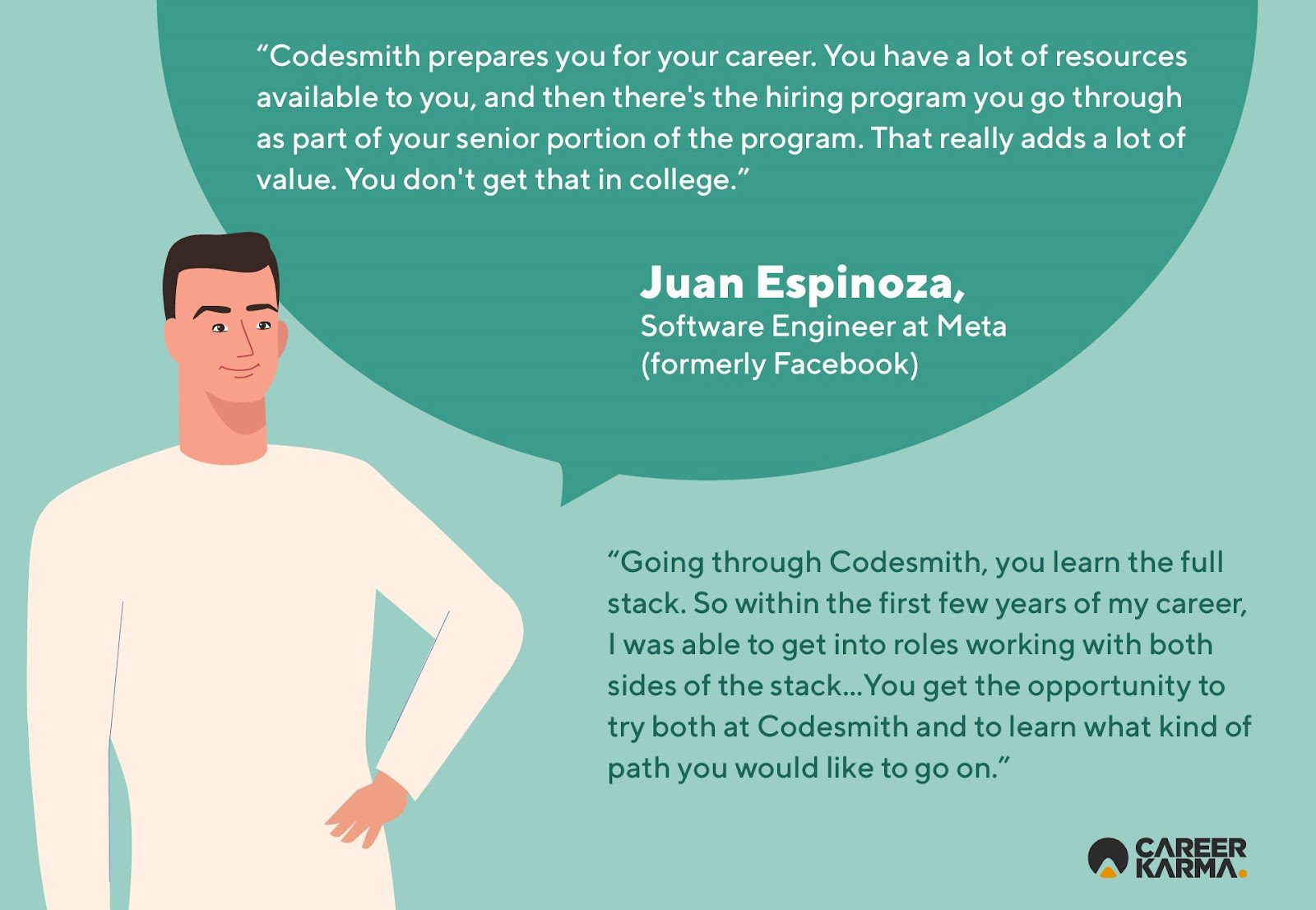 An infographic featuring alum Juan Espinoza’s review of Codesmith 