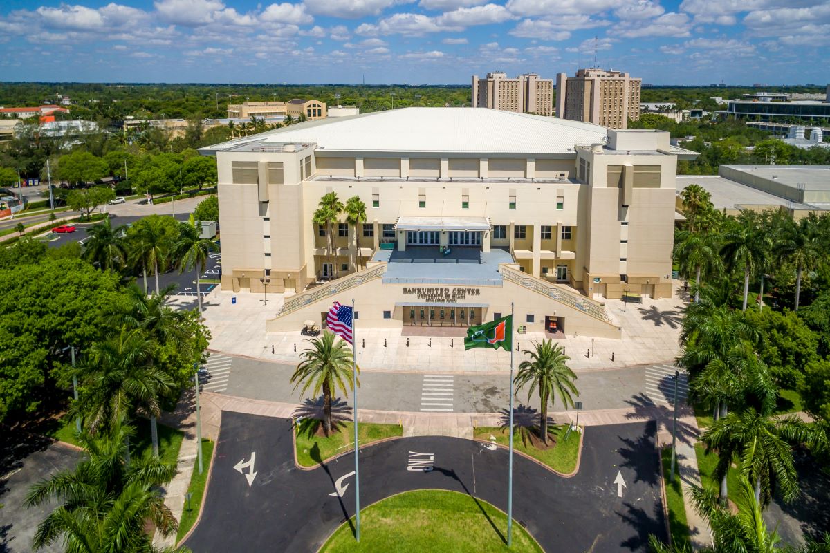 Aerial view of a University of Miami building in Coral Gables