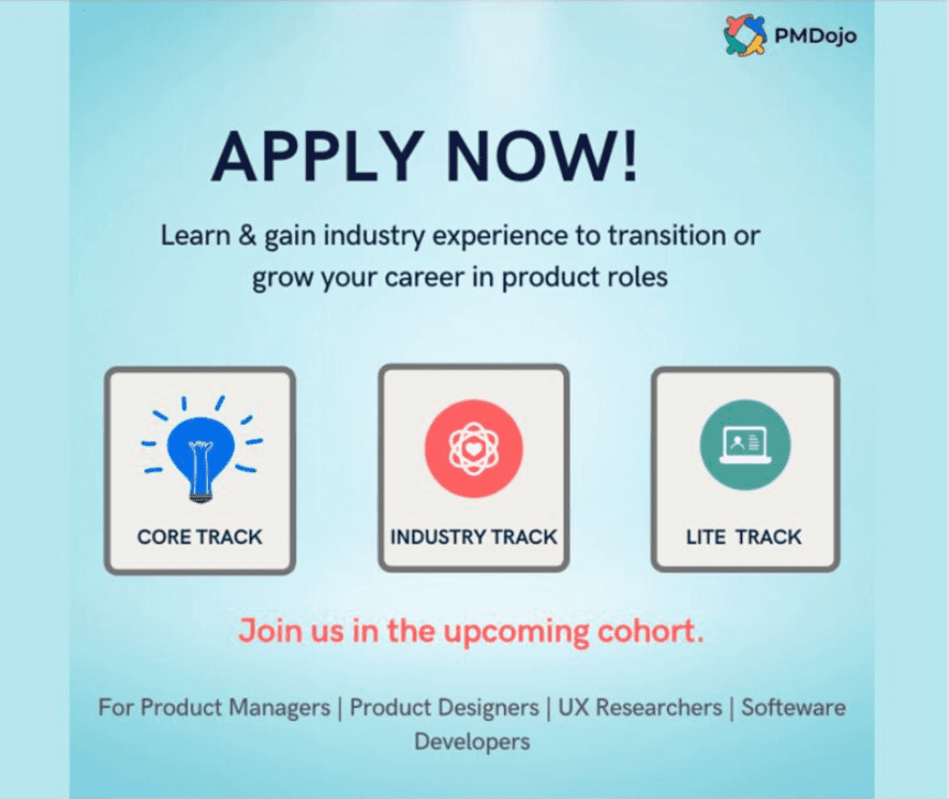 An infographic featuring the three main tracks in PMDojo’s Product Accelerator program 
