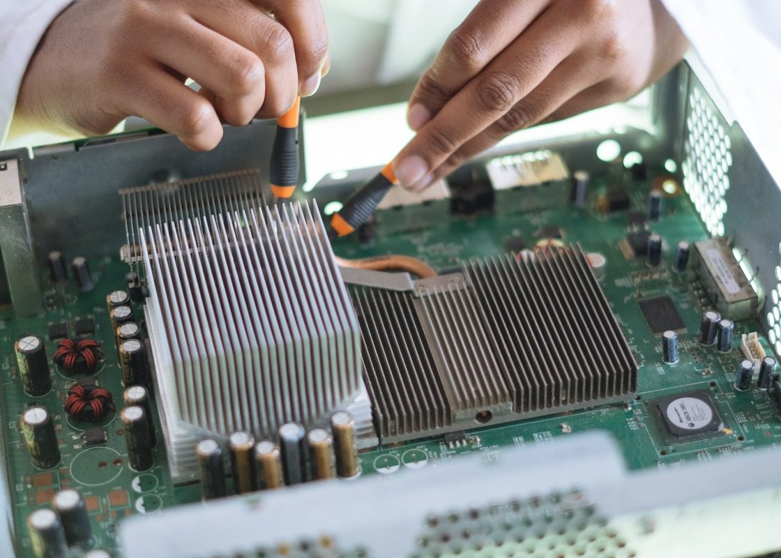 A circuit board being worked on by a electrical engineer.